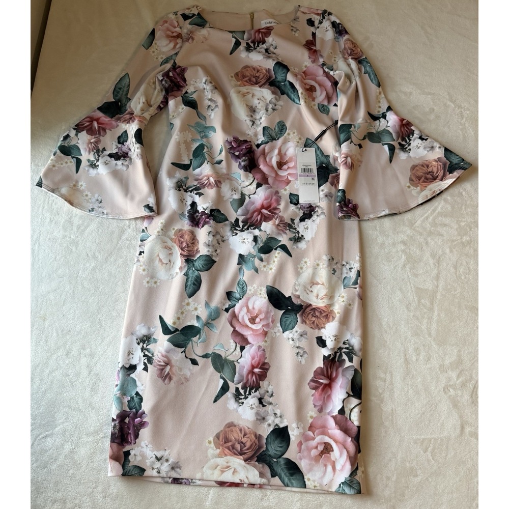Calvin Klein Floral Bell Sleeve Sheath Dress Womens 6 Scuba Crepe Blush Pink NWT